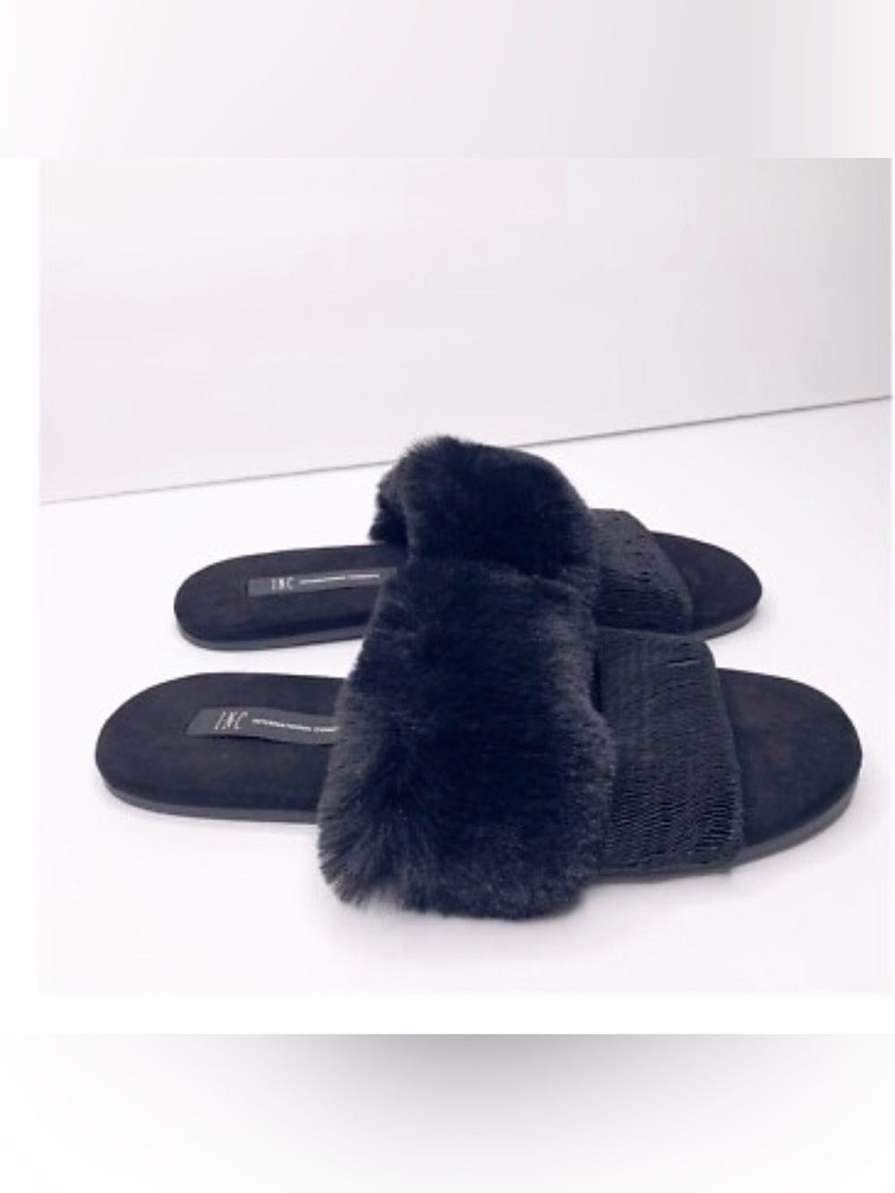 Faux Fur Slide Sandals - Black